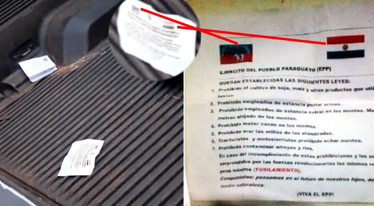 A la izquierda, fotos de los panfletos dejados en la camioneta de Oscar Denis; a la derecha, un ejemplo de uno de los panfletos del EPP.