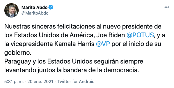 El presidente Mario Abdo Benítez felicitó a Biden y Harris a través de Twitter. Imagen: captura.